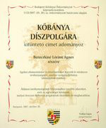 Kőbánya Díszpolgára kitüntetés Bereczki Sándorné részére